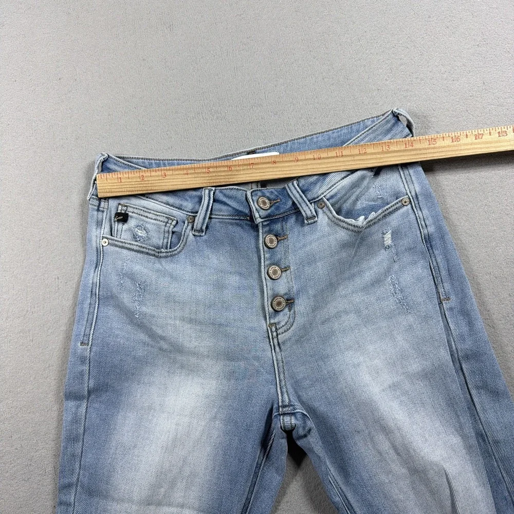 KanCan Jeans Women 9/28 High Rise Flare Light Wash Blue Distressed Fringe Hem